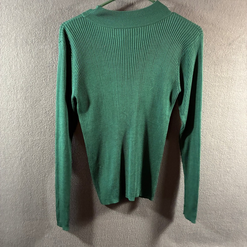vtg women silk top small Ribbed Mock Neck Sweater Green minimalist capsule